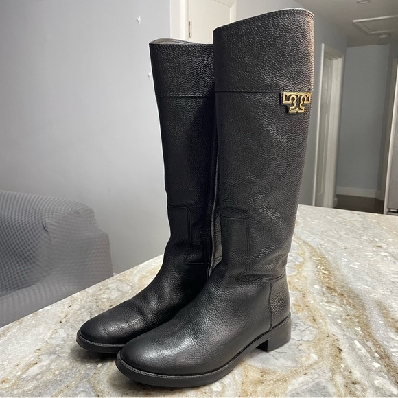 Tory Burch Joanna Riding Boots Pebbled Leather Black Boots Women’s - Picture 1 of 11